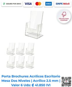 Porta brochures acrílicos escritorio mesa 2 niveles 2.5 mm paquete 6 unidades. Ideales para ferias de empleo, congresos y bienes raíces. Disponibles para compra en línea en Romarsa San José Costa Rica