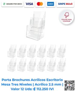 Porta brochures acrílicos escritorio mesa 3 niveles 2.5 mm paquete 12 unidades. Ideales para ferias de empleo y bienes raíces. Disponibles para compra en línea en Romarsa San José Costa Rica
