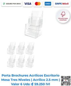 Porta brochures acrílicos escritorio mesa 3 niveles 2.5 mm paquete 6 unidades. Ideales para ferias de empleo y bienes raíces. Disponibles para compra en línea en Romarsa San José Costa Rica