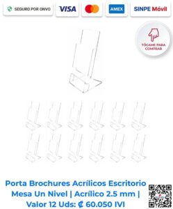 Porta brochures acrílicos escritorio mesa un nivel 2.5 mm paquete 12 unidades. Ideales para exhibición en escritorio y eventos visuales. Disponibles para compra en línea en Romarsa San José Costa Rica