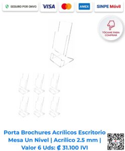 Porta brochures acrílicos escritorio mesa un nivel 2.5 mm paquete 6 unidades. Ideales para exhibición en escritorio y eventos visuales. Disponibles para compra en línea en Romarsa San José Costa Rica