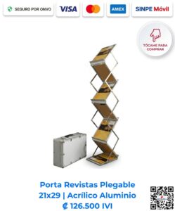 Porta Revistas Plegable 21 x 29 cm Acrílico Aluminio. Bolsillos de acrílico transparente y estructura de aluminio junto a su maletín rígido. Imagen E Commerce Romarsa en San José, Costa Rica.