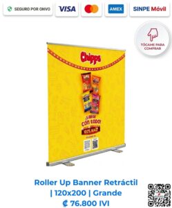 Roller Up Banner Retráctil 120x200 Grande. Estructura de aluminio con diseño publicitario full color a 1440 DPI (Calidad Fotográfica). Imagen E Commerce Romarsa en San José, Costa Rica.