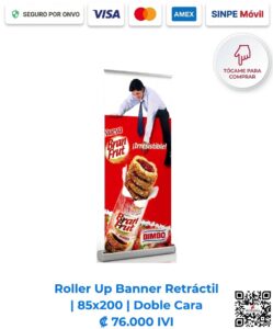 Roller Up Banner Retráctil 85x200 Doble Cara. Estructura de aluminio con diseño publicitario full color a 1440 DPI (Calidad Fotográfica). Imagen E Commerce Romarsa en San José, Costa Rica.