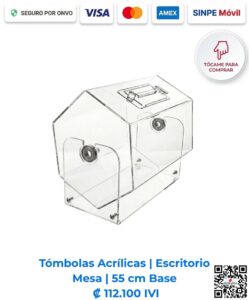 Tómbolas Acrílicas Escritorio Mesa. Ideales para rifas y ventas de impulso. Fabricadas en acrílico pulido de 4 mm y 55 cm de base, personalizadas y con envío incluido. Compra en Romarsa San José, Costa Rica.