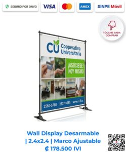 Wall Display Desarmable 2.4x2.4 Marco Ajustable. Pared gráfica con un diseño publicitario verde y azul full color a 1440 DPI (Calidad Fotográfica) de Cooperativa Universitaria. Imagen E Commerce Romarsa en San José, Costa Rica.