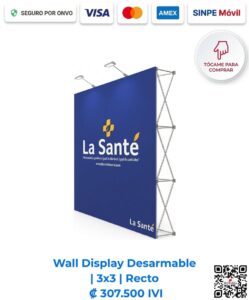 Wall Display Desarmable Pop Up | 3x3 | Recto. Pared gráfica con un diseño publicitario azul y amarillo full color a 1440 DPI (Calidad Fotográfica) de La Santé. Imagen E Commerce Romarsa en San José, Costa Rica.