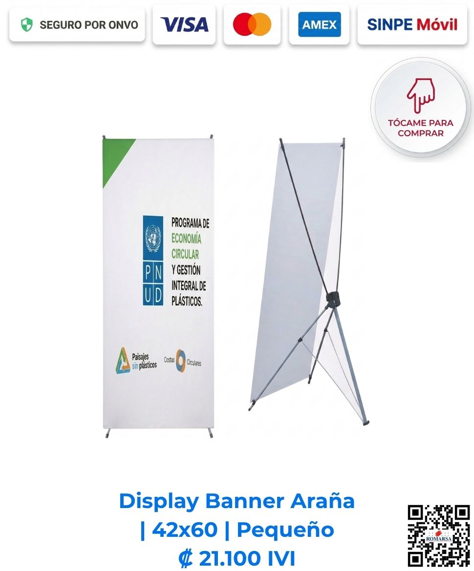 Display Banner Araña 42x60 Pequeño. Ideal para exhibición publicitaria y eventos. Estructura liviana y fácil de armar. Compra en línea, pago seguro en Romarsa Costa Rica.