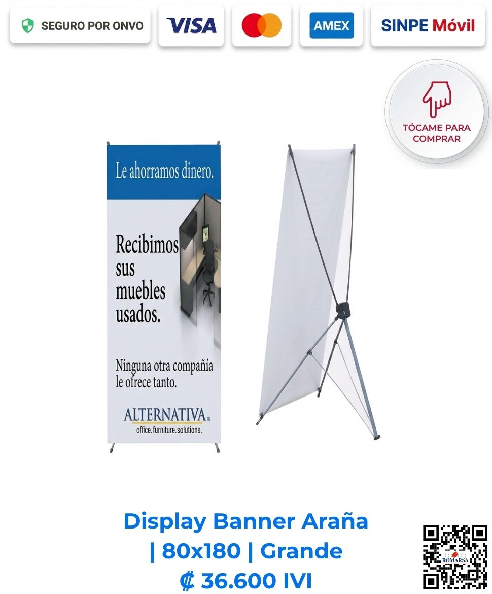 Display Banner Araña 80x180 Grande. Ideal para exhibición publicitaria y eventos. Estructura liviana y fácil de armar. Compra en línea, pago seguro en Romarsa Costa Rica.