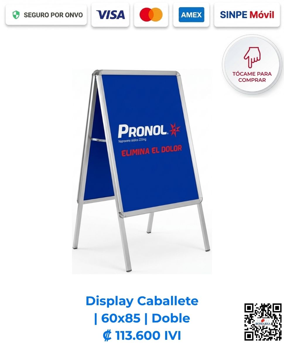 Display Caballete 60x85 Doble. Ideal para exhibición publicitaria y eventos. Estructura liviana y fácil de armar. Compra en línea, pago seguro en Romarsa Costa Rica.