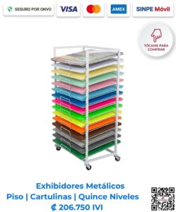 Exhibidores Metálicos Piso Cartulinas Quince Niveles 60x80x145. Ideal para la organización y exhibición de materiales en papelerías, librerías, centros educativos, bazares y comercios. Compre en línea con pago seguro en Romarsa Costa Rica.