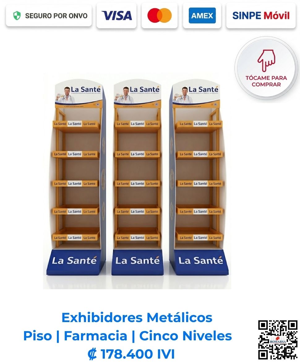 Exhibidor metálico de piso farmacia cinco niveles (35x175 cm) para organización de productos en comercios, clínicas y farmacias en general en San José, Costa Rica. ¡Compra el tuyo hoy!