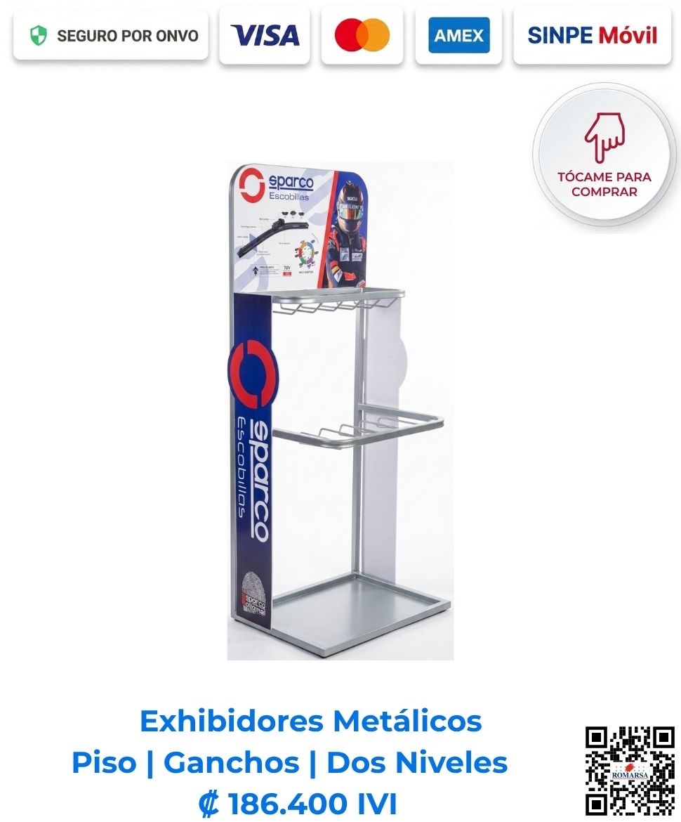 Exhibidor metálico de piso con ganchos de 2 niveles, (60x160x60), Ideal para organizar y exhibir productos colgados en tiendas en Costa Rica. ¡Cotiza el tuyo hoy!