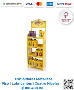 Exhibidores Metálicos Piso Lubricantes Cuatro Niveles 60x160x35. Ideal para exhibición en lubricentros, talleres mecánicos, centros de servicio y agencias. Compra en línea, pago seguro en Romarsa Costa Rica.