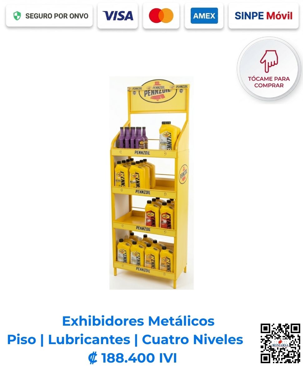 Exhibidores Metálicos Piso Lubricantes Cuatro Niveles 60x160x35. Ideal para exhibición en lubricentros, talleres mecánicos, centros de servicio y agencias. Compra en línea, pago seguro en Romarsa Costa Rica.