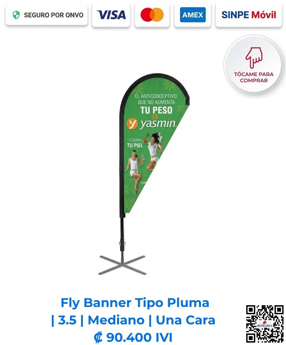 Fly Banner Tipo Pluma 3.5 Mediano Una Cara. Ideal para exhibición en ferias de autos, activaciones de marca y puntos de venta. Compra en línea, pago seguro en Romarsa Costa Rica.
