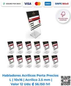 Habladores acrílicos porta precios en L 10x16 cm acrílico 2.5 mm paquete 12 unidades reescribibles con pilot. Ideales para carnicerías y neveras frías. Romarsa San José Costa Rica.