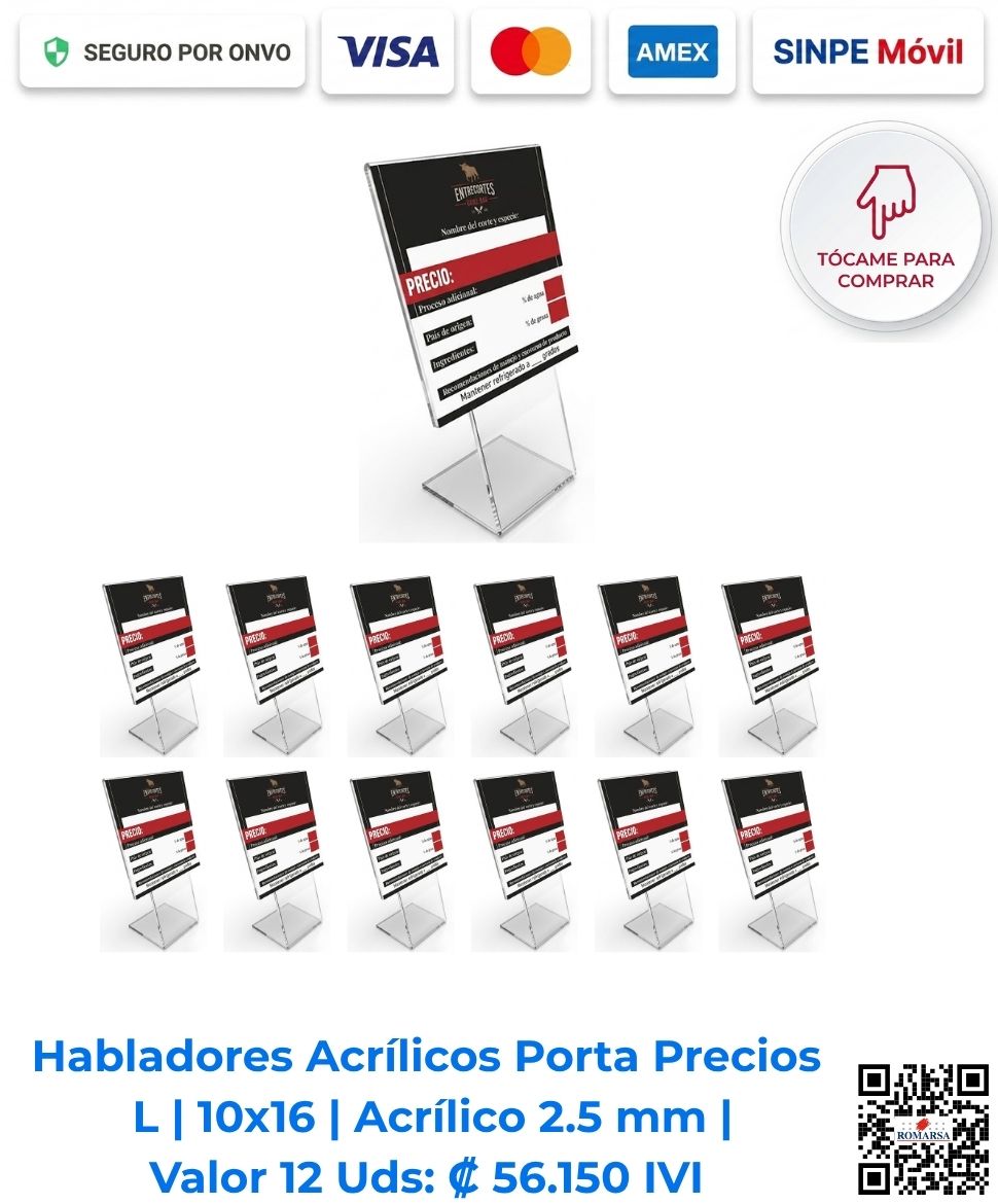 Habladores acrílicos porta precios en L 10x16 cm acrílico 2.5 mm paquete 12 unidades reescribibles con pilot. Ideales para carnicerías y neveras frías. Romarsa San José Costa Rica.