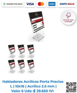 Habladores acrílicos porta precios en L 10x16 cm acrílico 2.5 mm paquete 6 unidades reescribibles con pilot. Ideales para carnicerías y neveras frías. Romarsa San José Costa Rica.