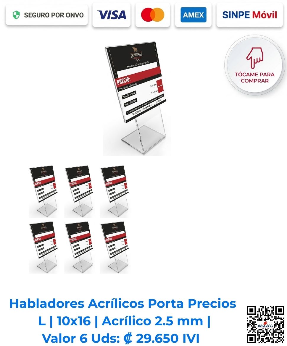 Habladores acrílicos porta precios en L 10x16 cm acrílico 2.5 mm paquete 6 unidades reescribibles con pilot. Ideales para carnicerías y neveras frías. Romarsa San José Costa Rica.