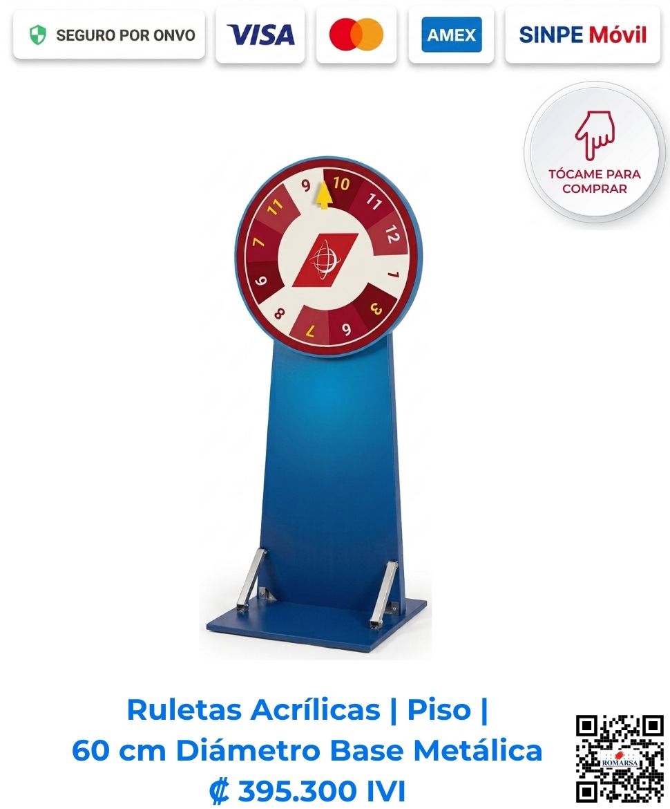 Ruletas Acrílicas Piso Base Metálica 60 cm Diámetro. Ideales para eventos, promociones y activaciones de marca. Fabricadas con disco acrílico y estructura metálica de alta resistencia. Personalización y envío incluido. Compra en Romarsa San José, Costa Rica.