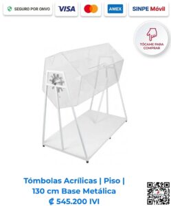 Tómbolas Acrílicas Piso Base Metálica 130x70. Ideales para rifas y ventas de impulso. Fabricadas en acrílico pulido de 5 mm y metal. Personalización y envío incluido. Compra en Romarsa San José, Costa Rica.