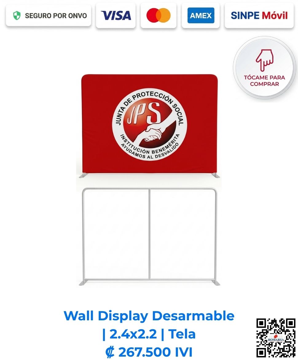 Wall Display Desarmable 2.4x2.2 Tela | Pared gráfica con funda sublimada roja y logotipo de la Junta de Protección Social (JPS) sobre estructura tubular de aluminio. Compre en línea con pago seguro en Romarsa Costa Rica.