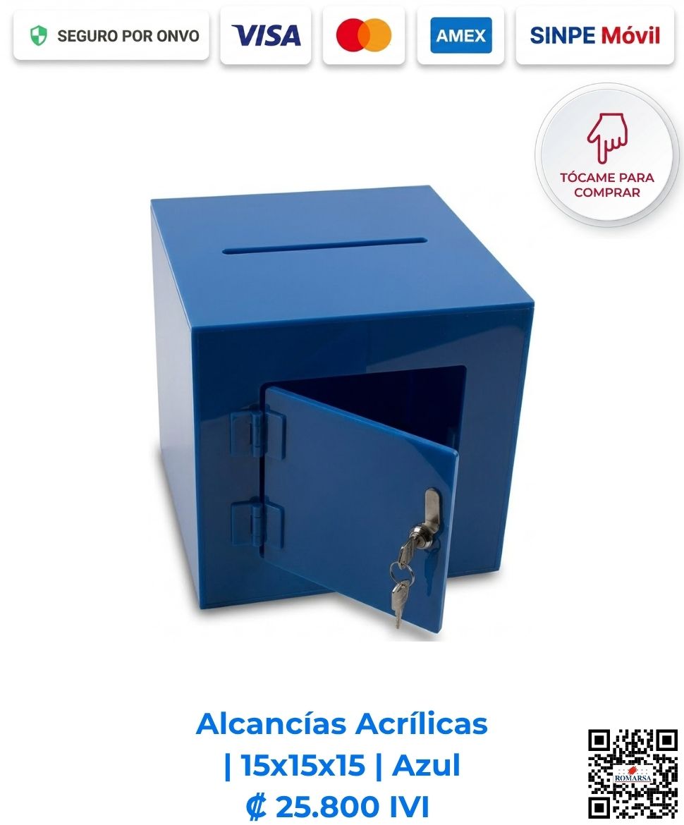 Alcancías Acrílicas 15x15x15 cm Azul. Ideales para colocar junto a cajas registradoras en supermercados, papelerías y comercios para propinas y colectas. Elaboradas en acrílico de 2 mm azul con bisagras acrílicas, puerta y llavín. Compra en Línea Romarsa San José, Costa Rica.
