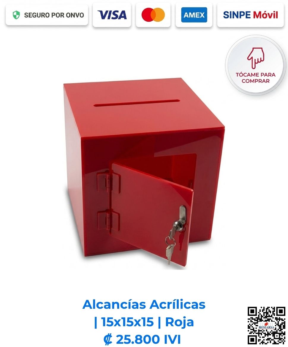 Alcancías Acrílicas 15x15x15 cm Roja. Llamativas para ubicar al lado de la caja registradora en tiendas para campañas de donación y dinámicas de cobro. Elaboradas en acrílico de 2 mm rojo resistente con bisagras acrílicas, puerta y llavín. Compra en Línea Romarsa San José, Costa Rica.