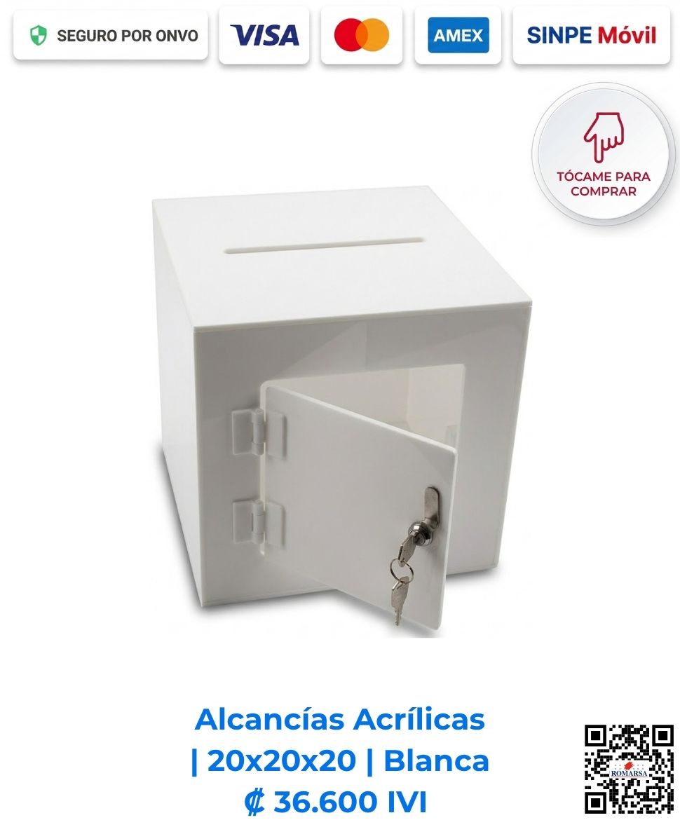Alcancías Acrílicas 20x20x20 cm Blanca. Diseñadas para recepciones y consultorios garantizando la privacidad del contenido. Elaboradas en acrílico de 2 mm blanco sólido con bisagras acrílicas, puerta y llavín. Compra en Línea Romarsa San José, Costa Rica.