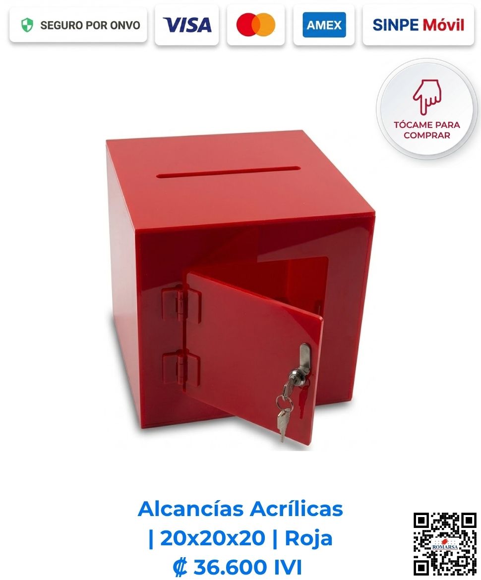 Alcancías Acrílicas 20x20x20 cm Roja. Diseñadas para consultorios y mostradores de atención para destacar la recaudación en caja. Elaboradas en acrílico de 2 mm rojo con bisagras acrílicas, puerta y llavín. Compra en Línea Romarsa San José, Costa Rica.