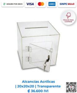 Alcancías Acrílicas 20x20x20 cm Transparente. Diseñadas para recepciones, clínicas y salas de espera para motivar el aporte visual directo. Elaboradas en acrílico de 2 mm cristalino con bisagras acrílicas, puerta y llavín. Compra en Línea Romarsa San José, Costa Rica.