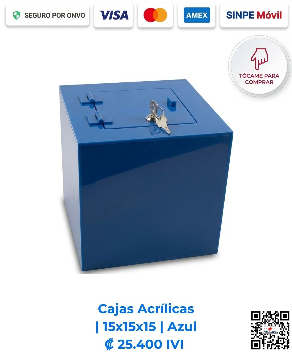 Cajas Acrílicas 15x15x15 cm Azul. Diseñadas para mostradores de pago, recepciones y comercios para exhibición y resguardo compacto de objetos. Elaboradas en acrílico de 2 mm azul con bisagras acrílicas, puerta y llavín. Compra en Línea Romarsa San José, Costa Rica.