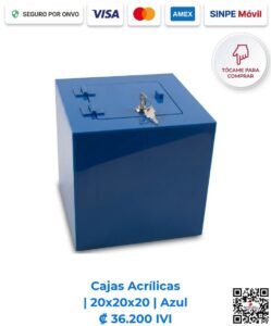 Cajas Acrílicas 20x20x20 cm Azul. Diseñadas para mostradores de pago, recepciones y comercios que requieren exhibición y resguardo. Elaboradas en acrílico de 2 mm azul con bisagras acrílicas, puerta y llavín. Compra en Línea Romarsa San José, Costa Rica.