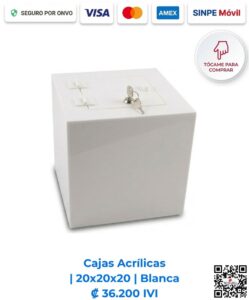 Cajas Acrílicas 20x20x20 cm Blanca. Diseñadas para mostradores de pago, recepciones y comercios que requieren exhibición y resguardo. Elaboradas en acrílico de 2 mm blanco con bisagras acrílicas, puerta y llavín. Compra en Línea Romarsa San José, Costa Rica.