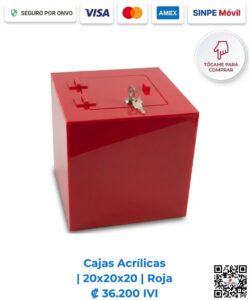 Cajas Acrílicas 20x20x20 cm Roja. Diseñadas para mostradores de pago, recepciones y comercios que requieren exhibición y resguardo. Elaboradas en acrílico de 2 mm rojo con bisagras acrílicas, puerta y llavín. Compra en Línea Romarsa San José, Costa Rica.