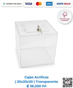 Cajas Acrílicas 20x20x20 cm Transparente. Diseñadas para mostradores de pago, recepciones y comercios que requieren exhibición y resguardo. Elaboradas en acrílico de 2 mm cristalino con bisagras acrílicas, puerta y llavín. Compra en Línea Romarsa San José, Costa Rica.