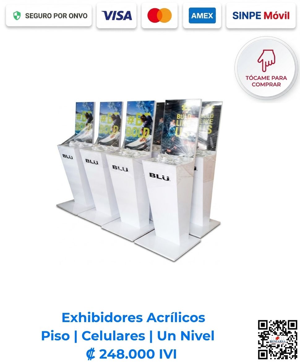 Exhibidores acrílicos Piso Celulares, Tablets, Laptops Un Nivel (40x150x50 cm) para organización de productos electrónicos en tiendas distribuidores y más en San José, Costa Rica. ¡Compra en linea en Romarsa hoy!