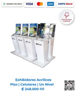 Exhibidores acrílicos Piso Celulares, Tablets, Laptops Un Nivel (40x150x50 cm) para organización de productos electrónicos en tiendas distribuidores y más en San José, Costa Rica. ¡Compra en linea en Romarsa hoy!