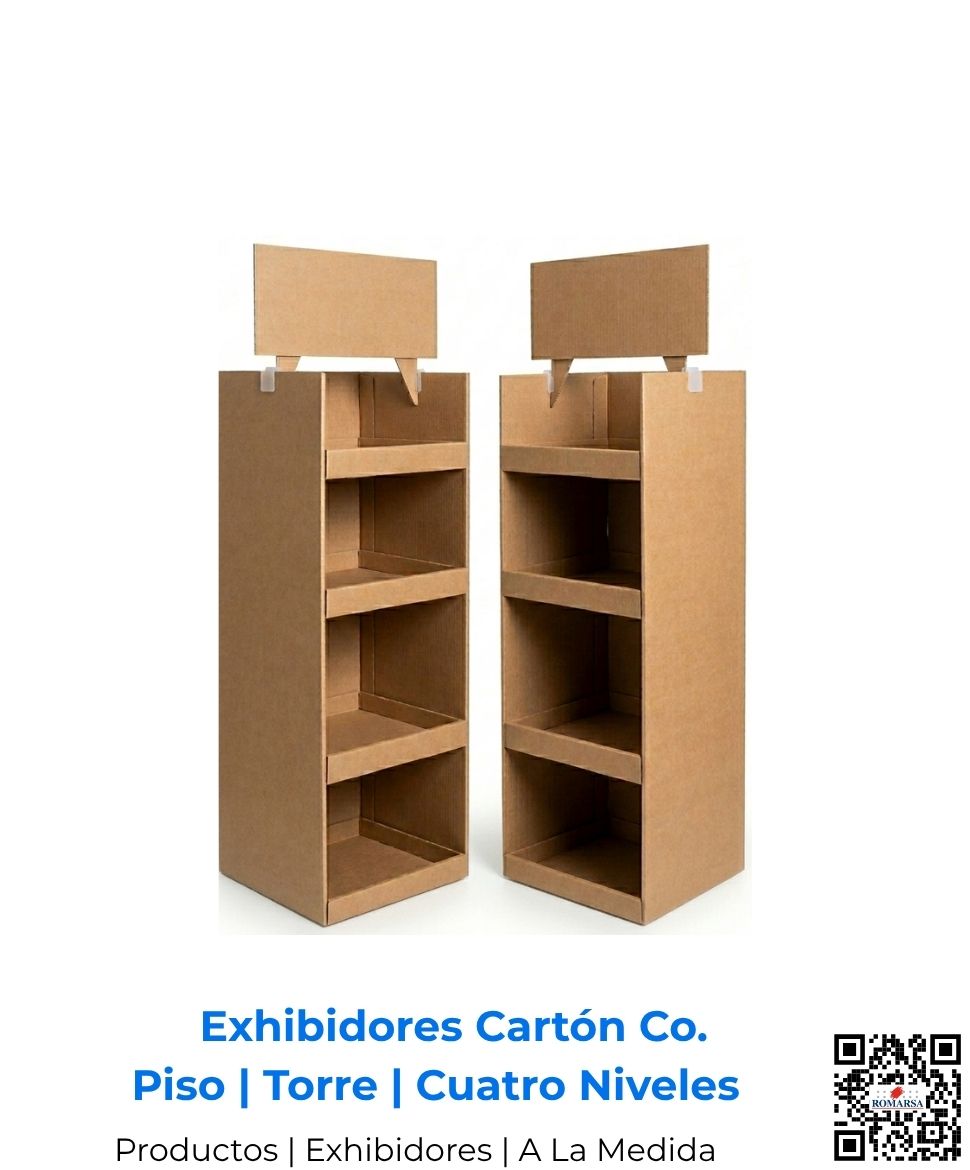Exhibidor ecológico y versátil de cuatro niveles en cartón corrugado doble tipo Kraft. Fabricación de alta resistencia y calidad garantizada por Romarsa para Costa Rica y Centroamérica, incluye envío.