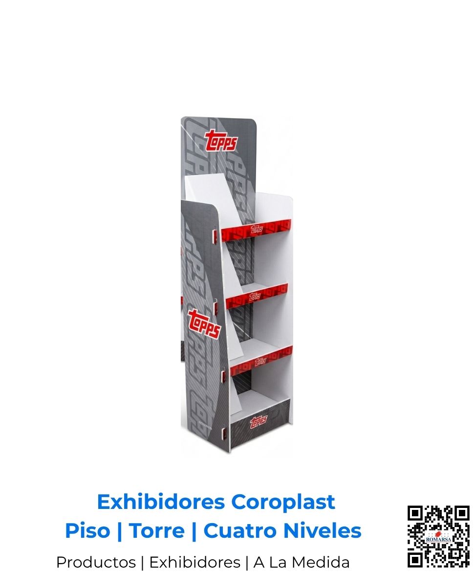 Exhibidor de piso estándar con impresión de alta resolución a full color en coroplast de 4 mm. Diseñado con excelentes acabados por Romarsa, disponible en Costa Rica y Centroamérica con envío incluido.