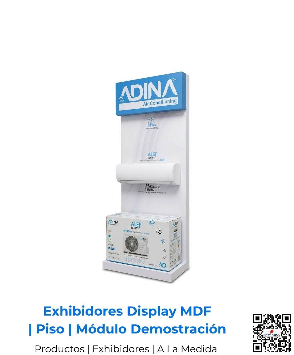 Robusto display premium para artículos pesados, fabricado en MDF de 12 mm con estructura reforzada de alma en aluminio. Calidad insuperable de Romarsa, con envíos a Costa Rica y Centroamérica.