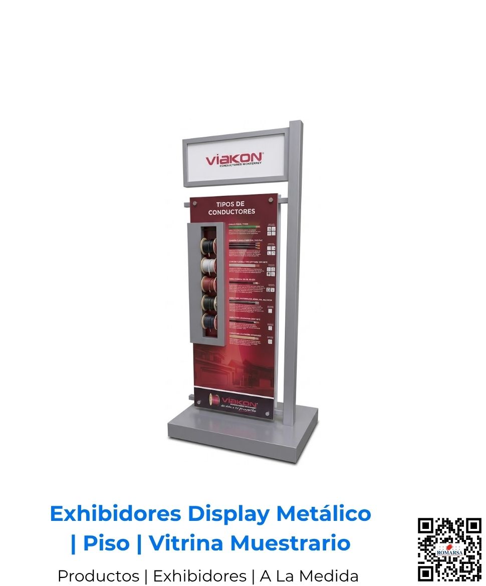 Exhibidor industrial para muestras con estructura metálica robusta y acabados de primera. Solución de alta gama desarrollada a la medida por Romarsa para todo el mercado de Costa Rica y Centroamérica, incluye envío.