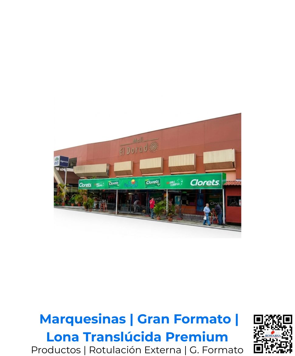 Rotulación externa de gran formato a full color sobre marquesina comercial de lona translúcida de alta durabilidad y resistencia intemperie; iluminación uniforme instalada en San José, Costa Rica y Centroamérica.