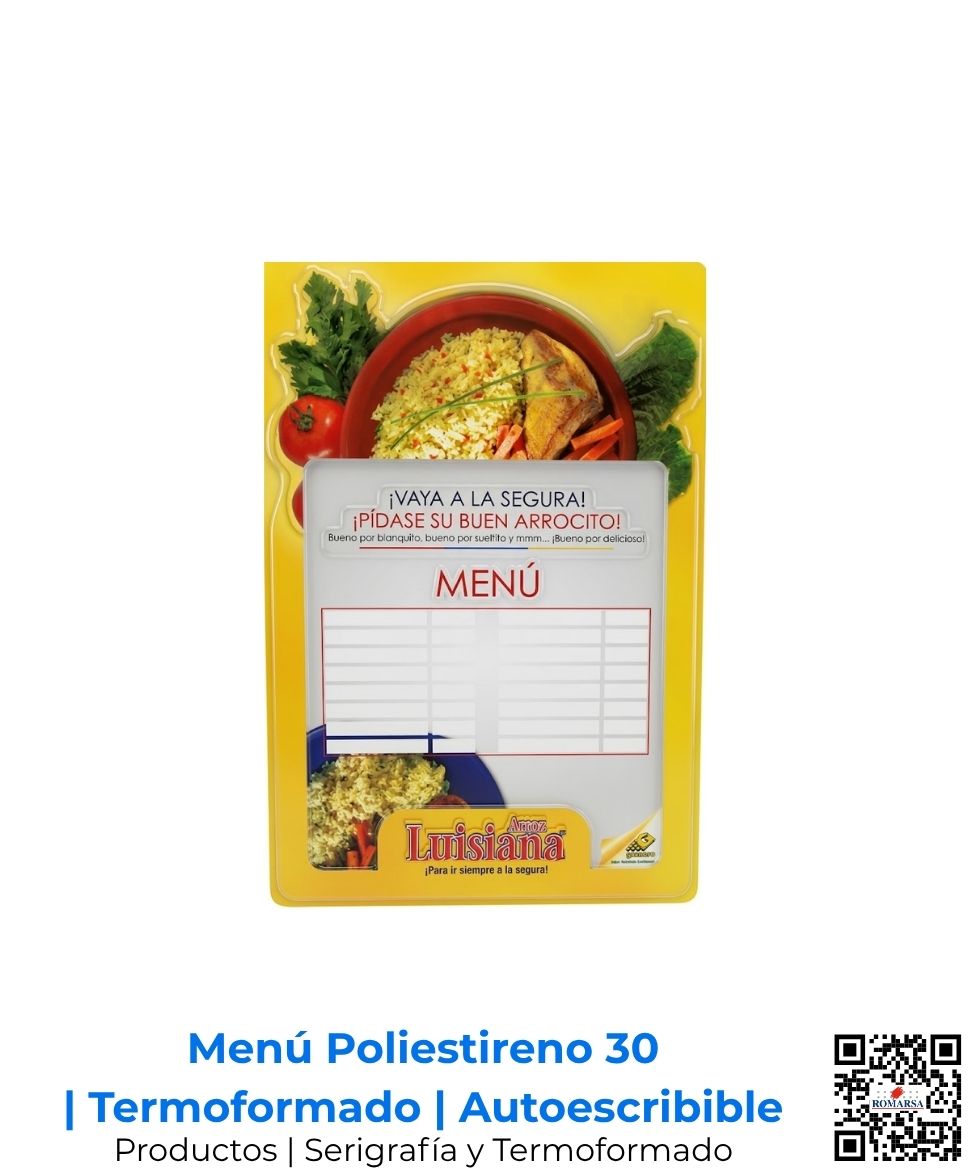 Menú de poliestireno calibre 30 termoformado y troquelado con superficie para escribir y borrar con pilot; impresión full color en serigrafía de alta calidad por Romarsa para Centroamérica y Costa Rica.