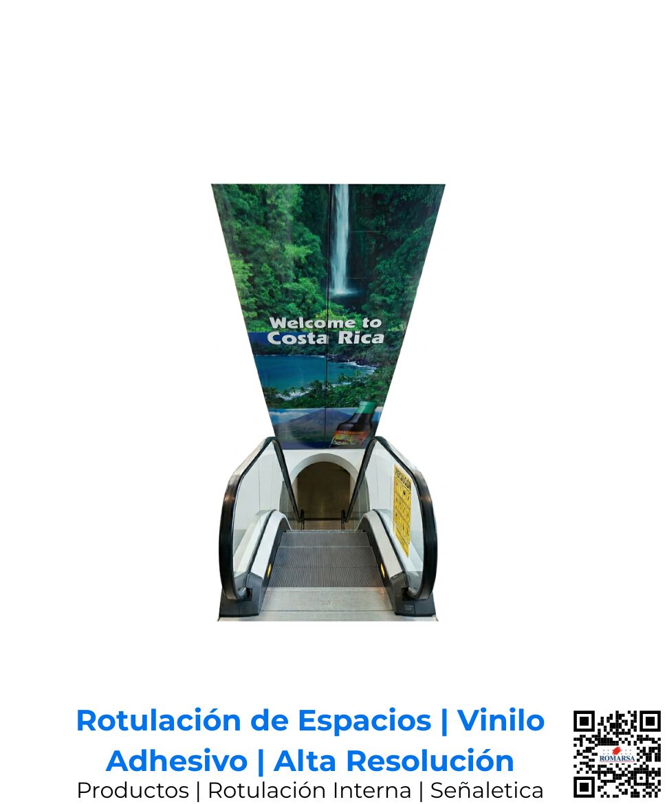 Señalética comercial y rotulación interior corporativa elaborada en vinilo adhesivo premium con impresión de alta resolución full color UV; ideal para zonas de alto tránsito y centros comerciales en San José, Costa Rica y Centroamérica.