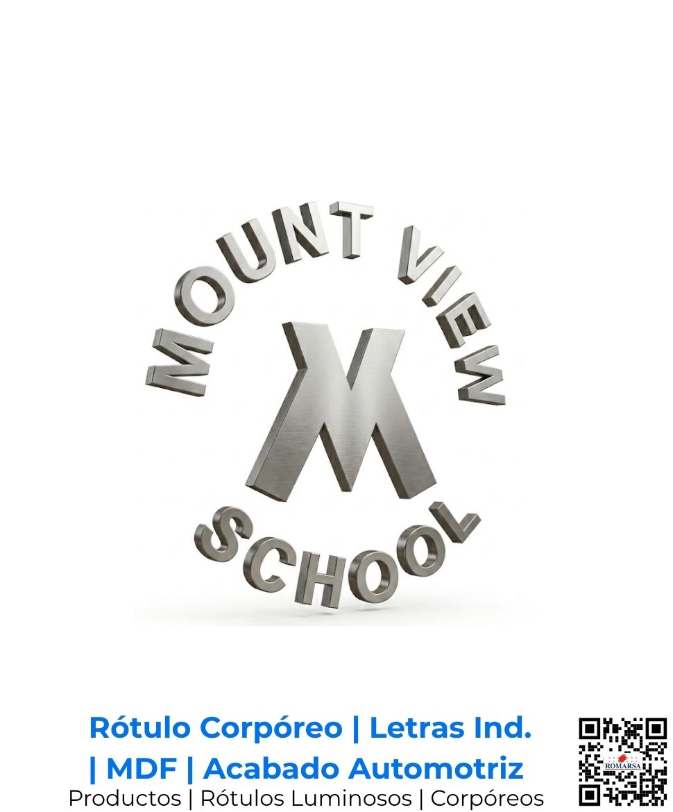 Rótulo institucional de letras corpóreas individuales fabricadas en MDF con un acabado automotriz premium, logrando una estética tridimensional sofisticada para Mount View School en San José, Costa Rica y Centroamérica.