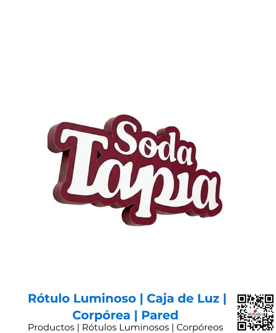Rótulo luminoso tipo caja de luz de pared con letras semi corpóreas integradas, ofreciendo un acabado pulido y alta durabilidad para la icónica fachada del restaurante Soda Tapia en San José, Costa Rica y Centroamérica.