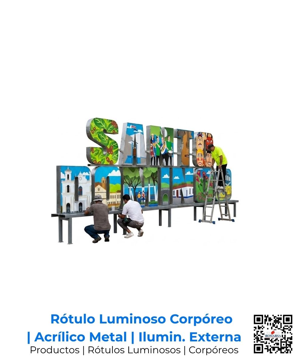 Rótulo luminoso exterior de acrílico con letras individuales cortadas en CNC sobre estructura metálica robusta e iluminación interna; fabricación de alta precisión por Romarsa para Costa Rica y Centroamérica.