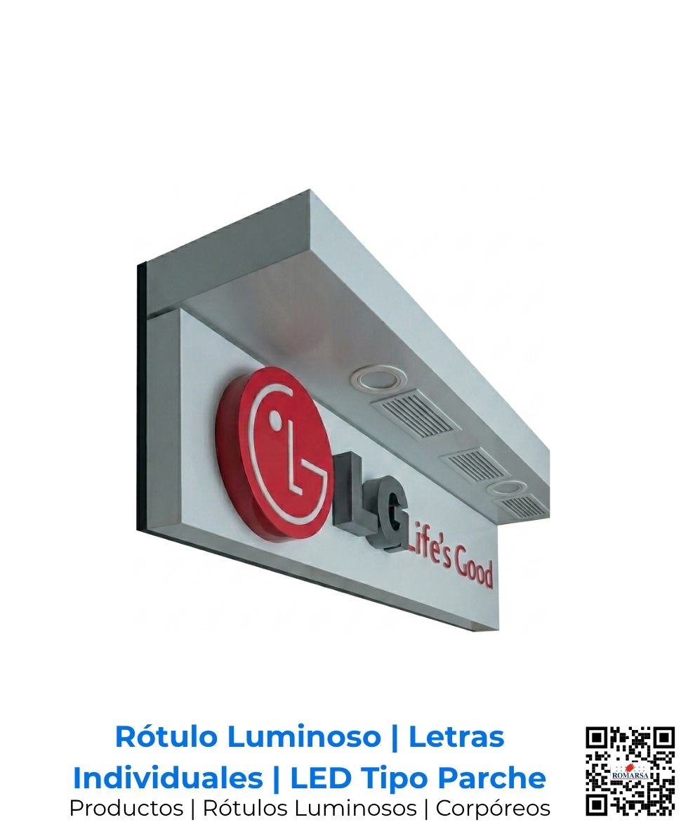 Rótulo luminoso de precisión con letras corpóreas individuales, tecnología LED y estructura tipo parche, ofreciendo un contraste moderno y de altísimo impacto visual para LG en San José, Costa Rica y Centroamérica.